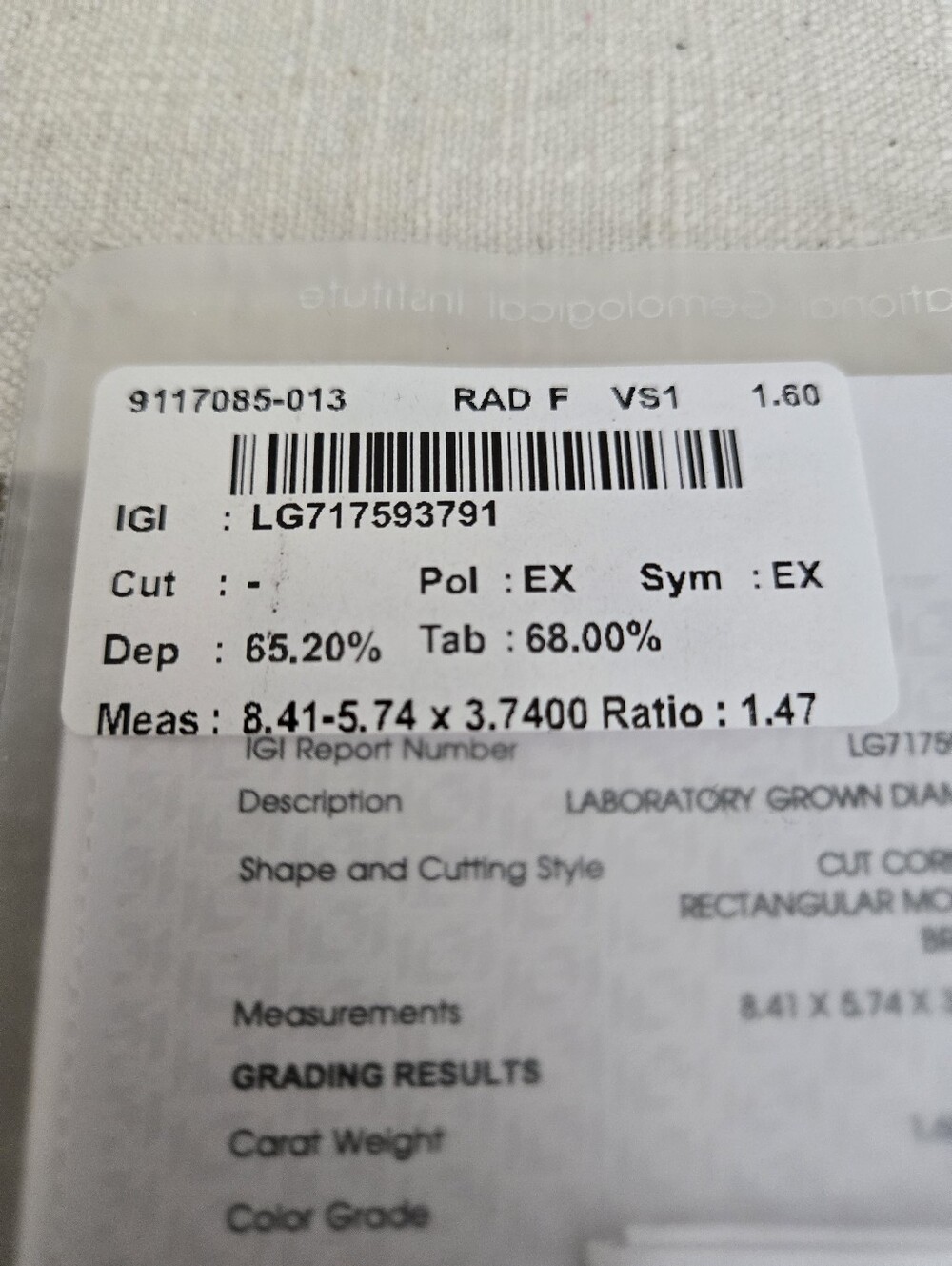 Certified Lab Grown Diamond,  Radiant Cut, 1.6 CT, F Color,  VS1 Clarity - Picture 4 of 16